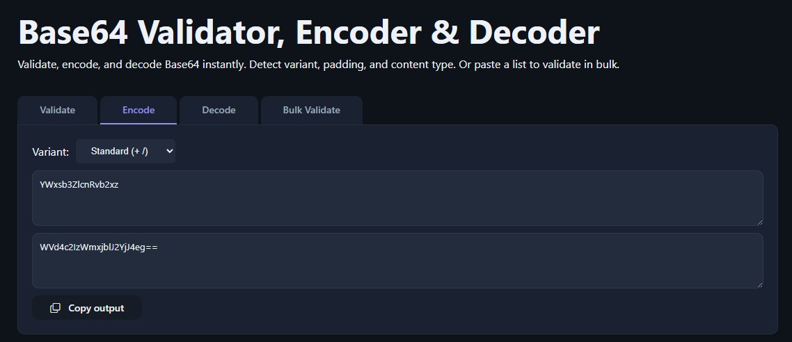 developer console showing a config file field with a long base64-looking string that turns out to be double-encoded