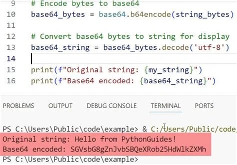 A screenshot of a code editor showing a Python script that decodes a base64 string and saves the result as a PNG file, with a terminal window showing the file size before and after decoding