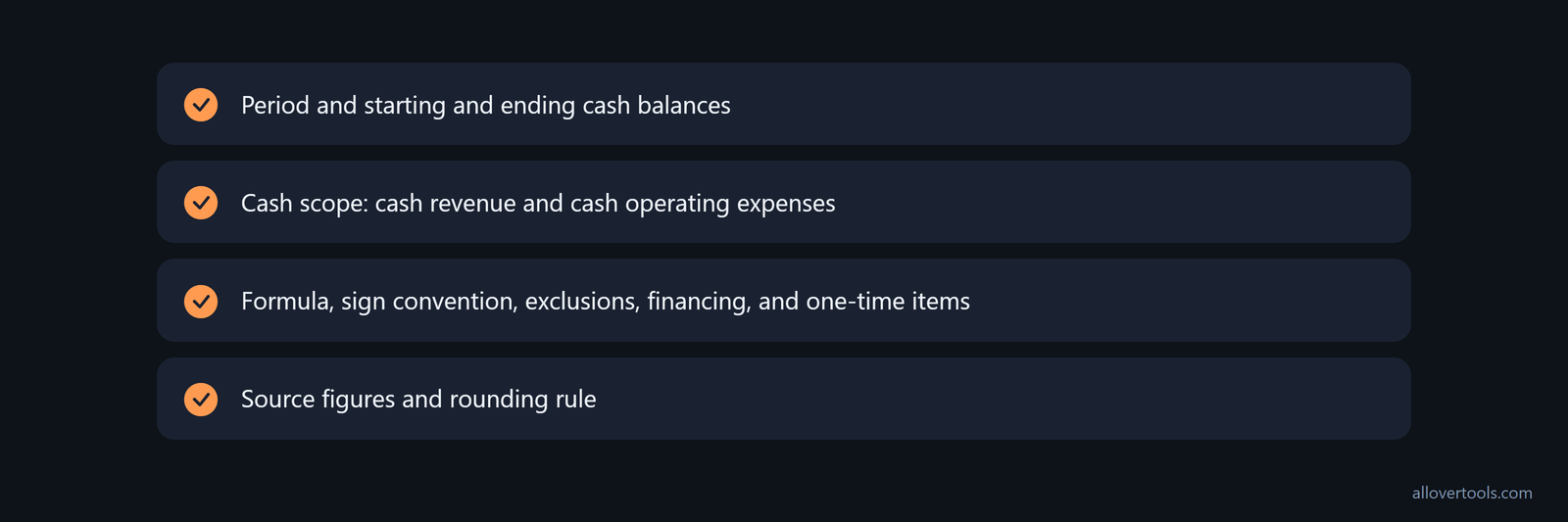 Team checklist records period and balances, cash scope, formula and exclusions, source figures, and rounding