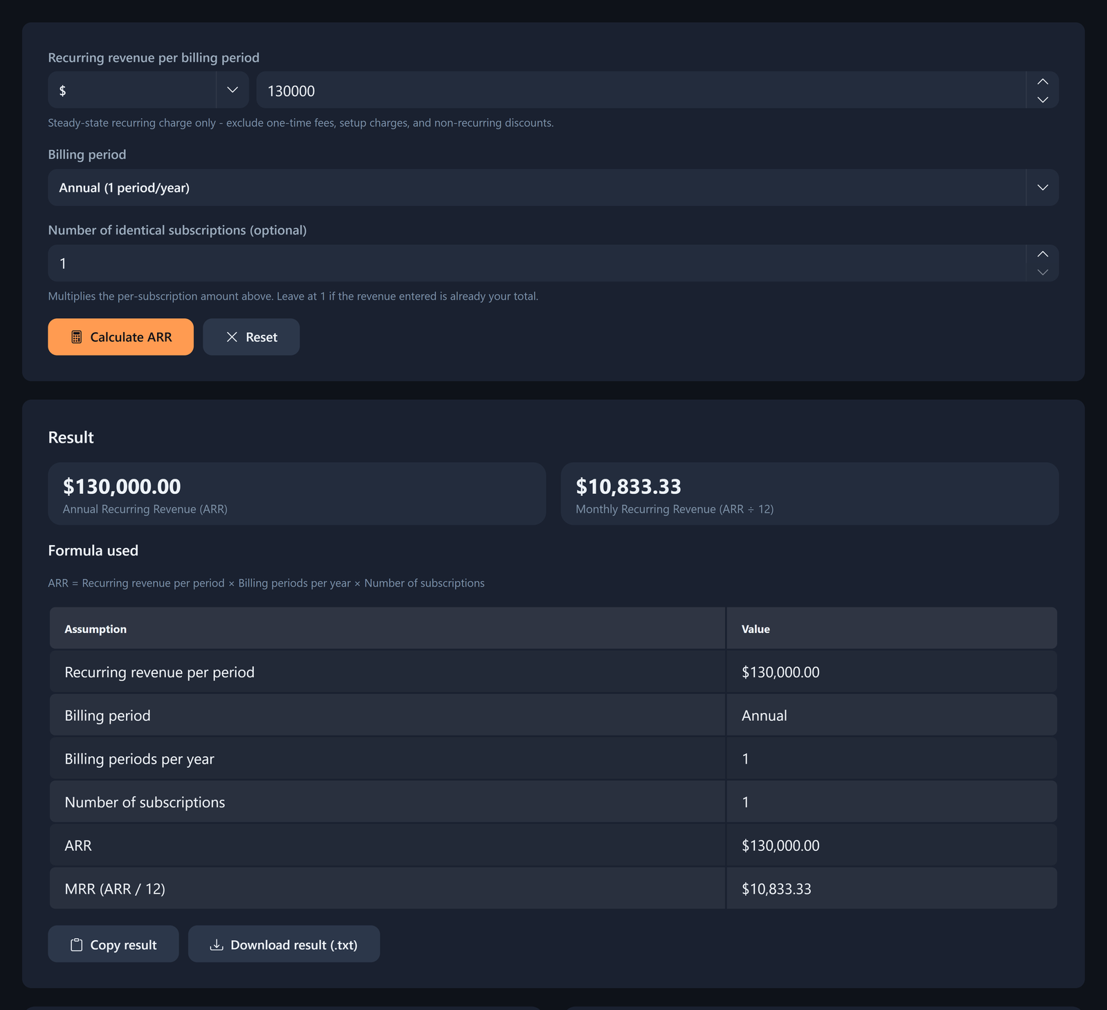ARR Calculator screenshot with 130000 annual recurring revenue, one subscription, ARR $130,000.00, and MRR $10,833.33