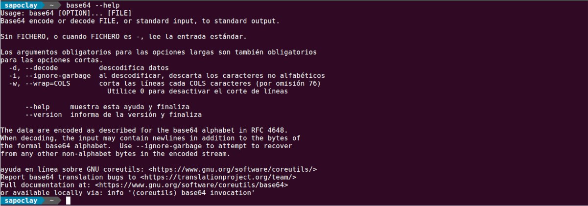 terminal window showing a command-line base64 encoding command with wrap set to zero producing a single unbroken line of output