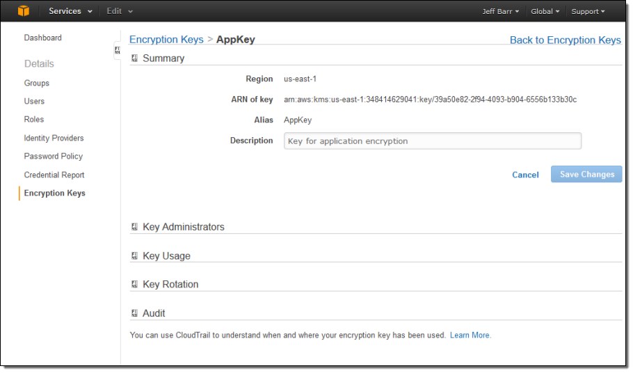 cloud provider console screenshot showing a KMS key management service configuration page