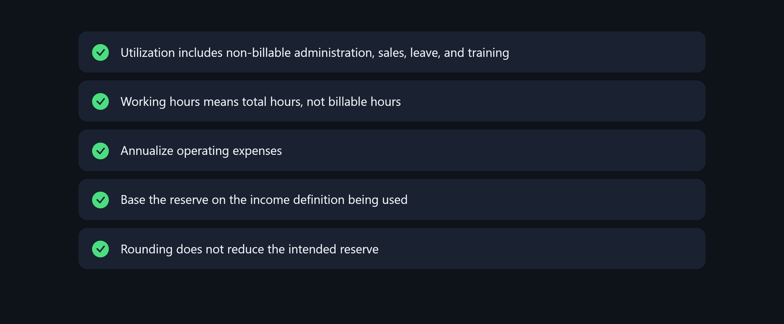 Pricing checklist: include non-billable time, total hours, annualized expenses, reserve basis, and rounding