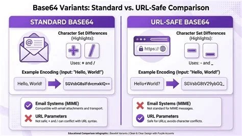 Side-by-side comparison of a standard base64 string containing plus and forward slash characters and a base64url string containing hyphen and underscore characters in the same positions.