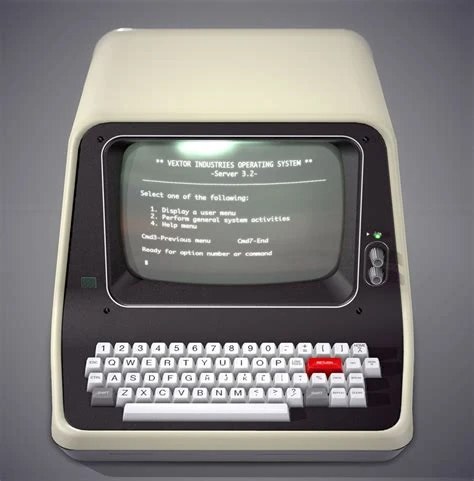 1980s computer terminal displaying email text on a monochrome monitor