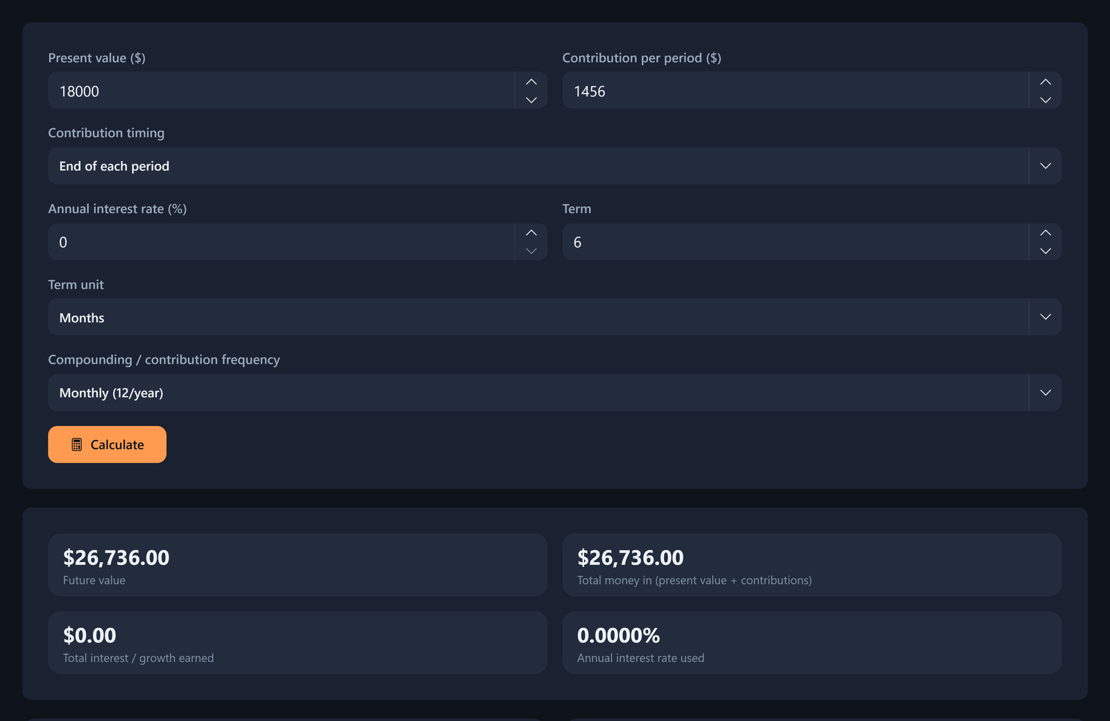 Future Value Calculator: $18,000 present value plus $1,456 monthly for 6 months equals $26,736