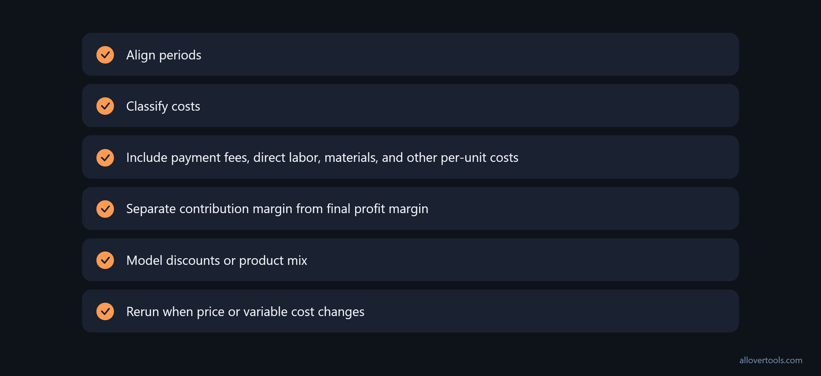 Checklist for aligned periods, cost classification, complete unit costs, margins, product mix, and updated assumptions