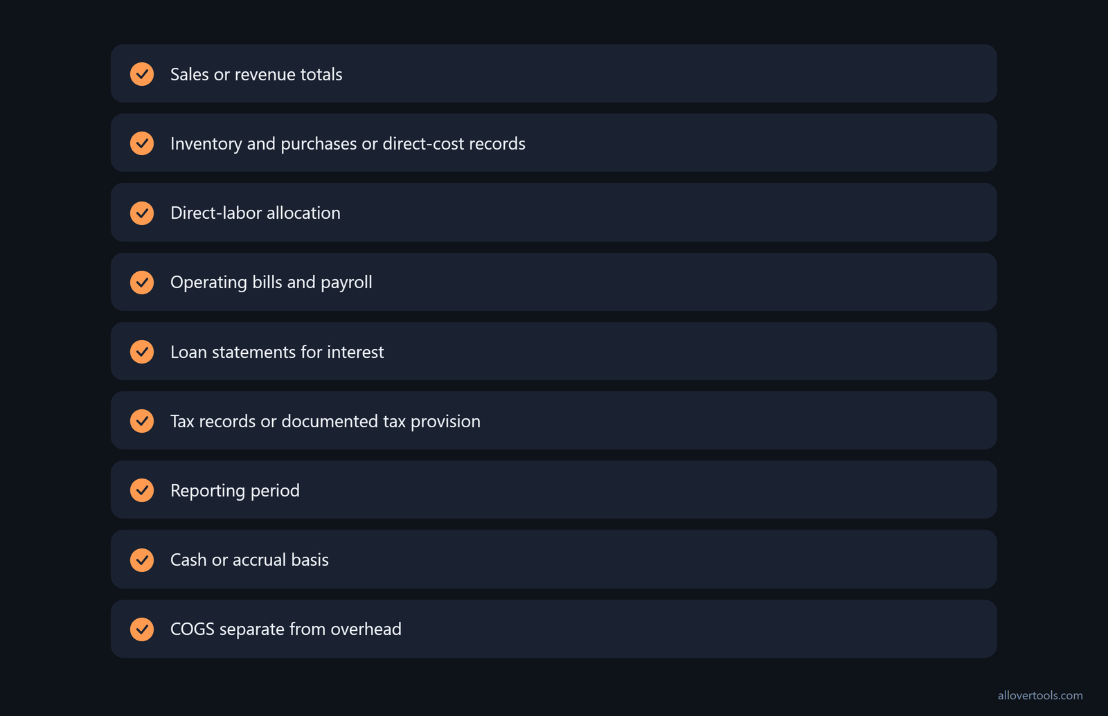 Records checklist: revenue, direct costs, labor, overhead, interest, tax, period, and cash or accrual basis