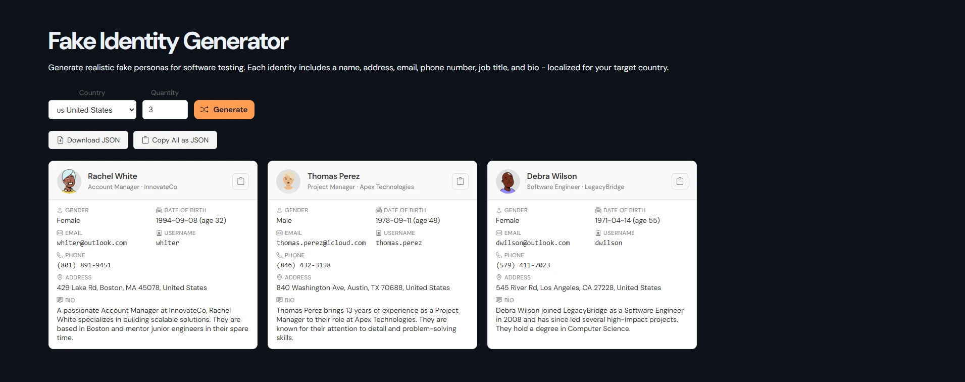 Fake Identity Generator | Realistic Test Data Instantly